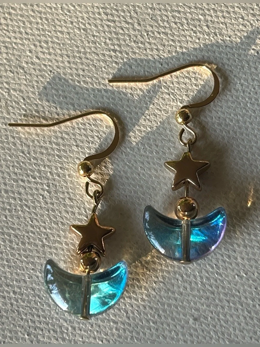 Gold Star Drop Earrings with Blue Crescent Moon